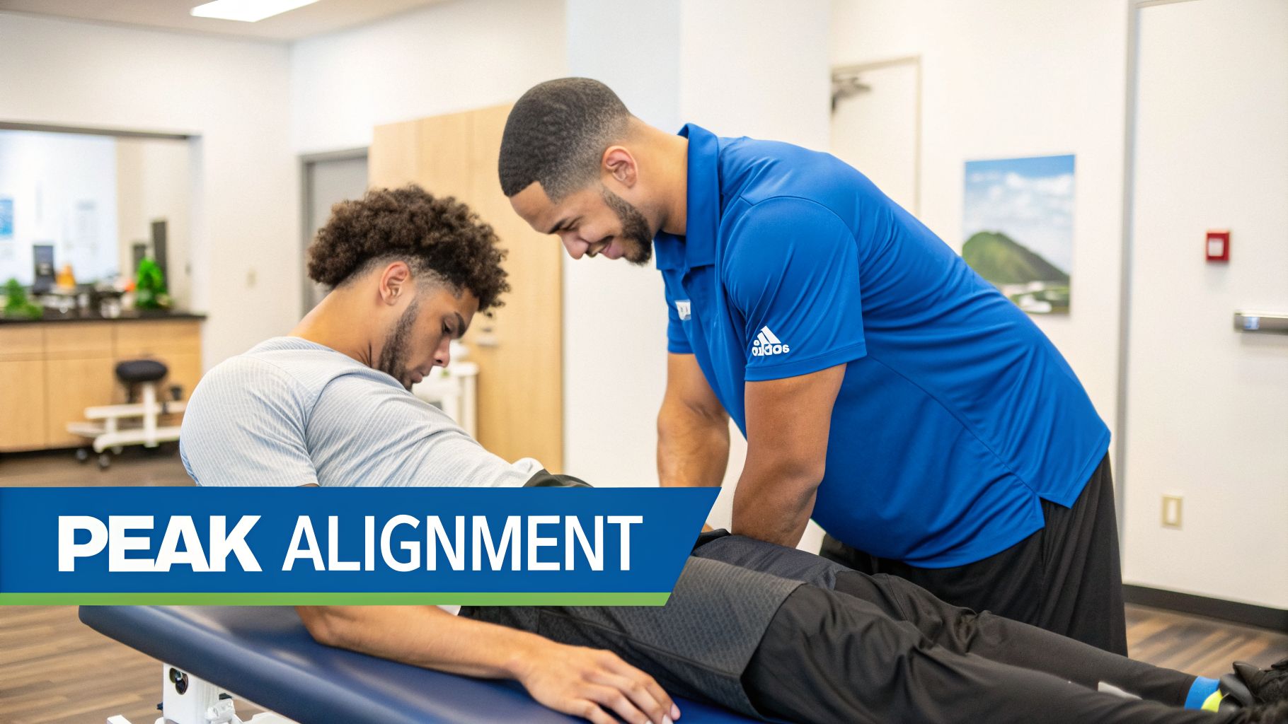 A male chiropractor adjusts an athlete's lower back on a treatment table in a modern clinic.