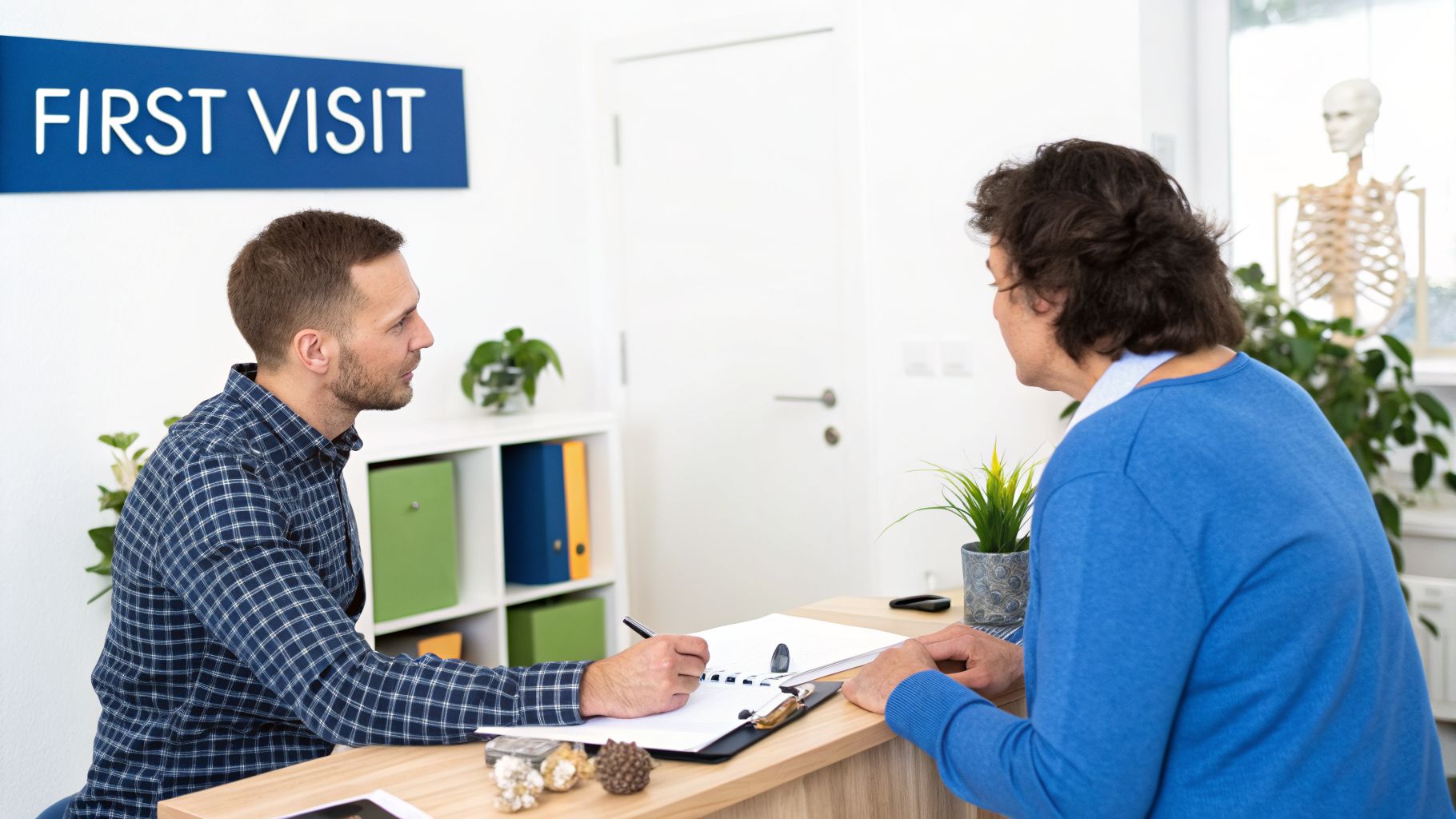 A male patient in a plaid shirt fills out forms at a desk during his first visit to a clinic.