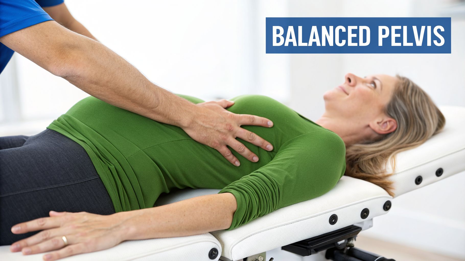 A pregnant woman lies on a treatment table as a chiropractor gently adjusts her pelvis.