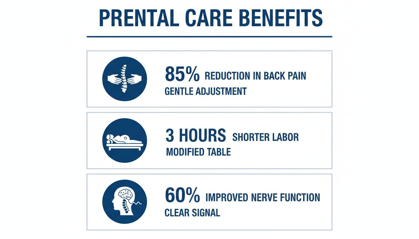 Infographic displaying prenatal care benefits: 85% less back pain, 3 hours shorter labor, and 60% improved nerve function.
